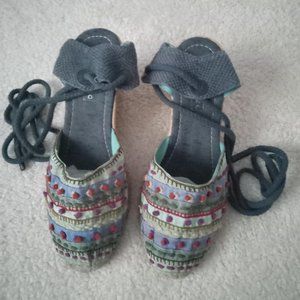 Apepazza  Boho Wedge Espadrille Ankle Wrap with Pom Pom